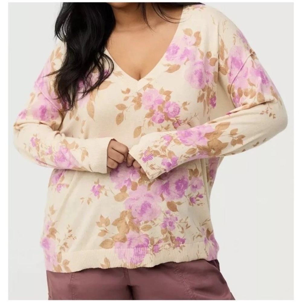 Torrid V-Neck Pullover Regina Floral Ribbed Sweater Ivory Size 1X 14/16 J30641